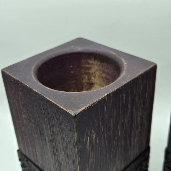 Pair Of Wooden Sugar Mold Wood Candle Holder Primitive Dark Purple 5" H - Picture 2 of 16